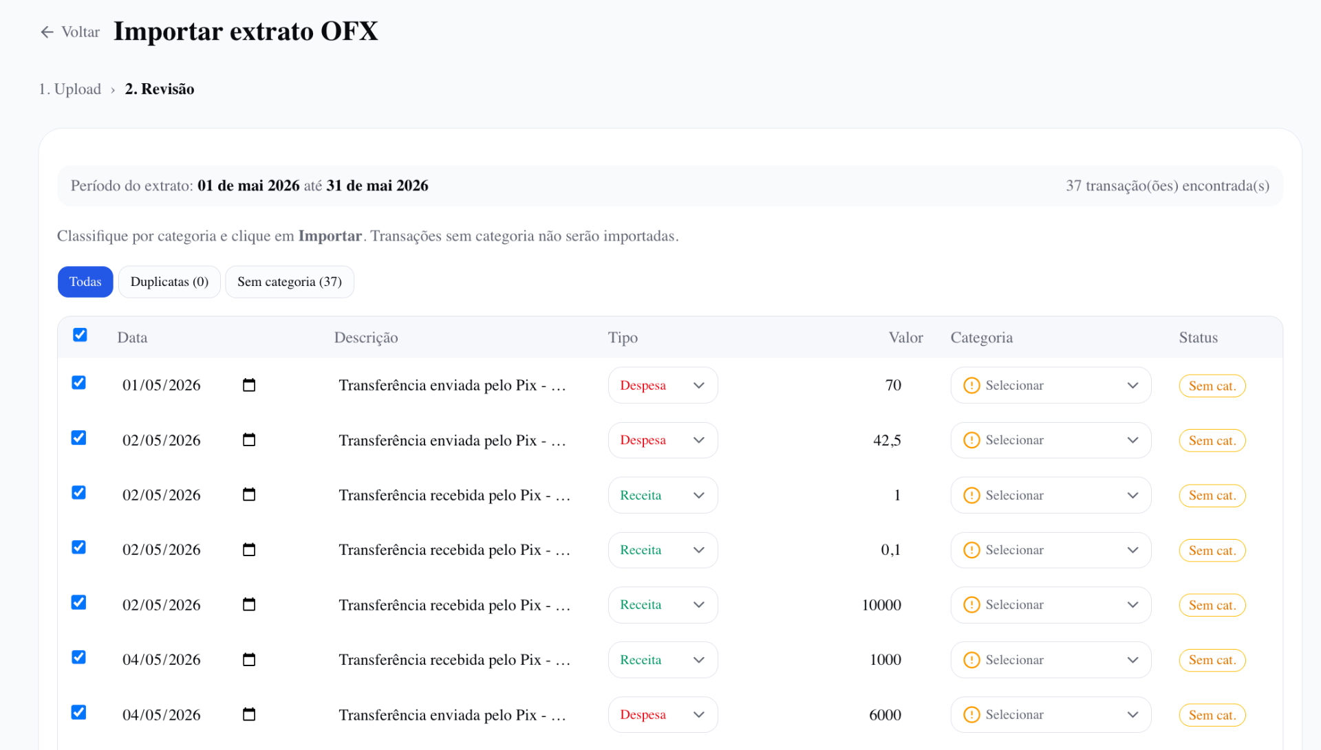 Importar extrato OFX — revisão de transações