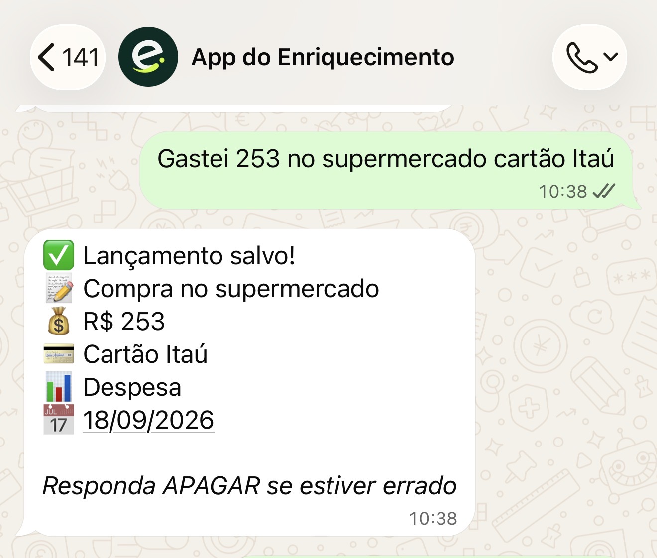 Conversa no WhatsApp registrando um gasto de supermercado