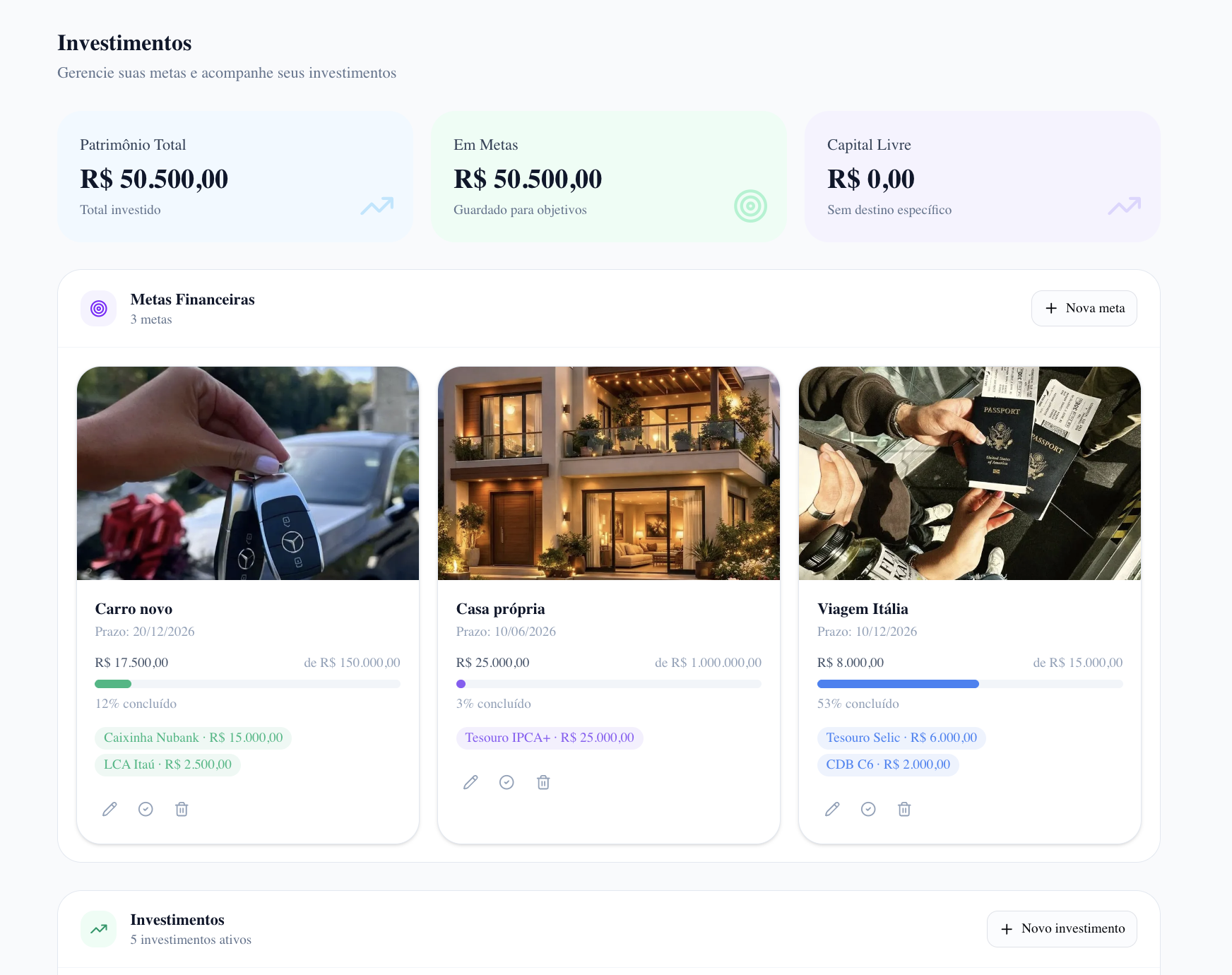 Tela de Investimentos com metas financeiras: carro novo, casa própria e viagem